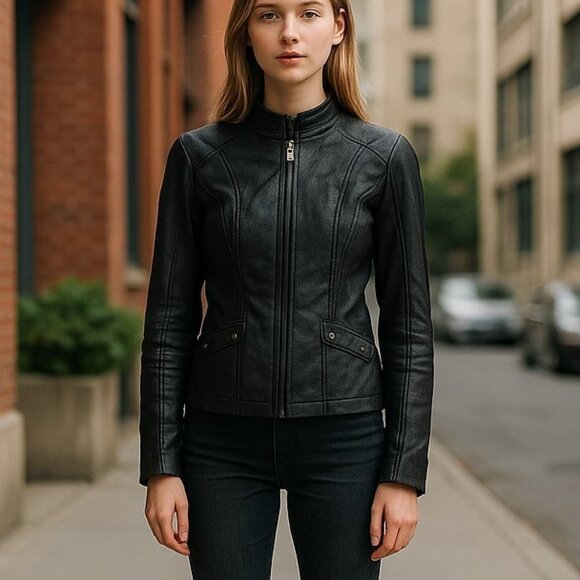 Women's NEW Jacket Sz SMALL Black Faux Leather Biker full zip high Neck - Picture 1 of 16